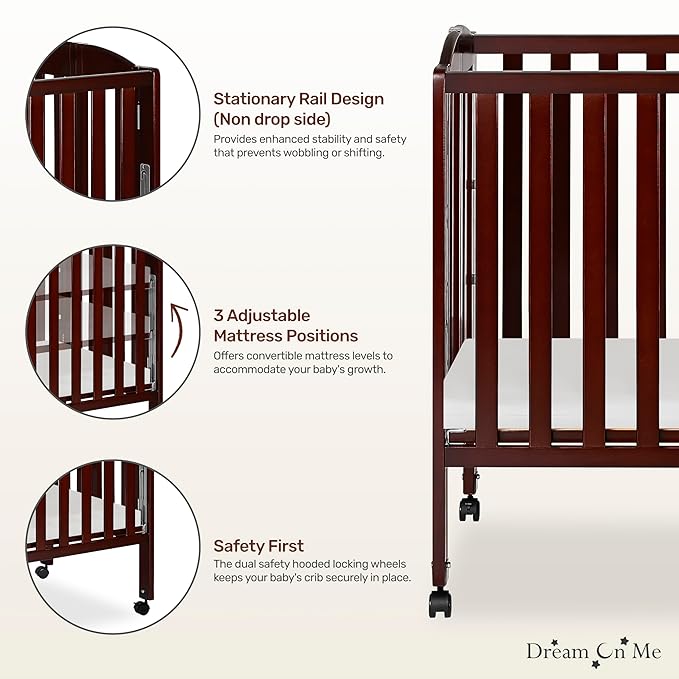 Dream On Me 3-in-1 Portable Folding Stationary Side Mini Baby Crib in Espresso & Mattress, GreenGuard Gold & JPMA, Use as Changer & Playpen, Locking Wheels, 3 Mattress Heights, Extra Firm Mattress