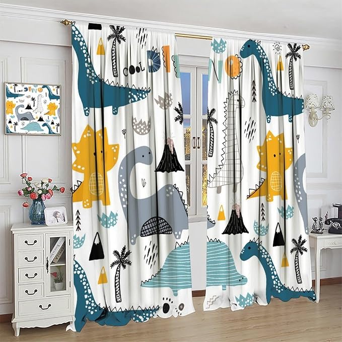 Dinosaur Curtains, Cartoon Dino Cute Safari Animal Print Pattern Blackout Window Treatments, Rod Pocket Thermal Insulated Drapes 2 Panel Sets for Kids Boys Bedroom Nursery Classroom, 52" W X 84" L
