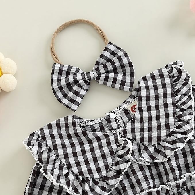 Karuedoo Newborn Baby Girl Clothes Gingham Plaid Bubble Romper Long Sleeve Ruffle Bodysuit with Headband Spring Fall Outfit