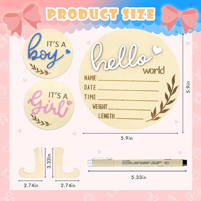 Baby Announcement Sign, Gender Reveal for Welcome Baby 3PCS Its a Boy/Girl and Hello World Newborn Sign Board Wooden Birth Name Announcement Plaque and Pen for Hospital Shower Party Photo Props