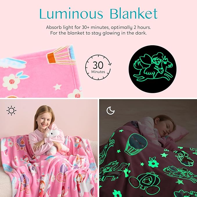 Joiedomi Glow in The Dark Blanket Unicorn Toys for Girls Age 2 3 4 5 6 7 8 9 10 11 12 Year Old Girl Gifts, Soft Cozy Flannel Kids Throw Blanket, Birthday Bedroom Decor 50"×60"