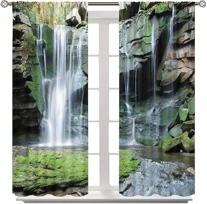 Forest Waterfall Blackout Windows Curtains, Rocky Waterfall to Pond Running Off Scenic Nature Themed Picture Print Curtains, for Living Room Bedroom 42x63in 2 Panels
