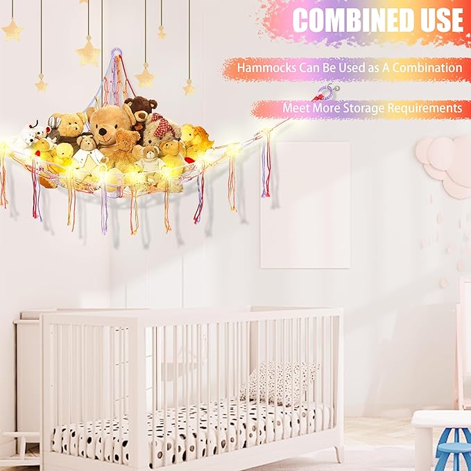 Stuffed Animal Hammock with LED Light, Large Stuffed Animals Storage Corner Plushie Net for Kids Room Decor, Jumbo Rainbow