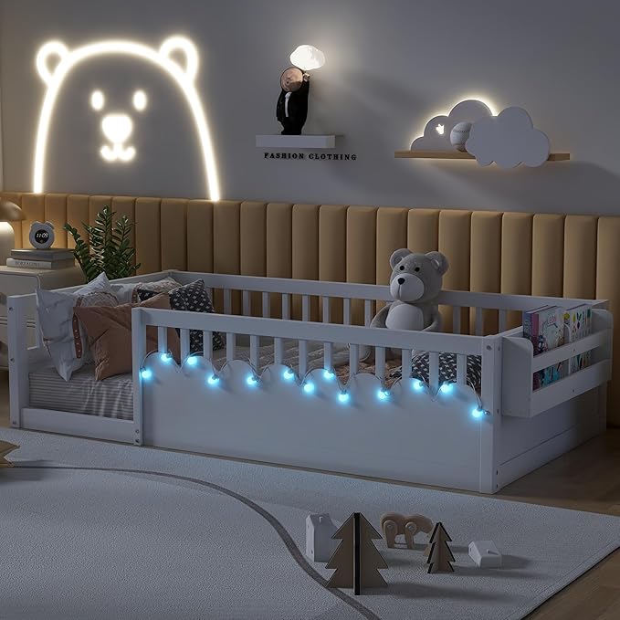 Twin Size Montessori Bed, Wood Twin Montessori Floor Bed with High Rails & Storage Shelf, Baby Floor Beds with LED Light for Boys & Girls, White