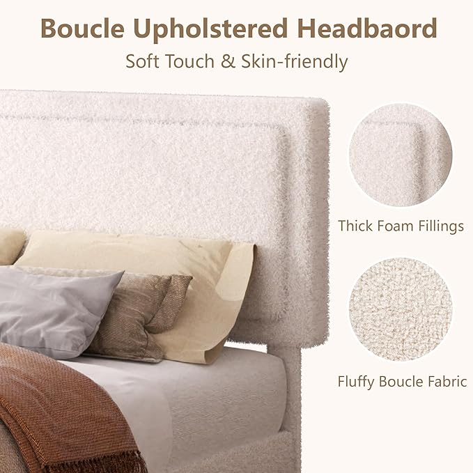 King Size Bed Frame, Upholstered Platform Bed with Adjustable Headboard, Soft Boucle Fabric, Modern Style, No Box Spring Required, Easy Assembly, Off-White