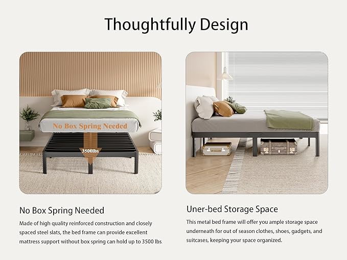 King Size Bed Frames 16 Inch, Metal Black King Bed Frame No Box Spring Needed, DIY Headboard Holes, Heavy Duty Steel Support 3500 LBS, Noiseless, Round Corner Leg, Storage Space, Easy Assembly