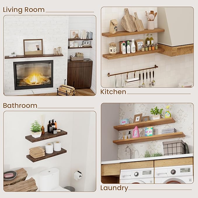 Floating Shelves for Wall Decor, 8 Inch Deep Rustic Solid Elm Wood Floating Shelves Wall Mounted, Wall Shelves with Invisible Bracket for Living Room Bathroom Bedroom Kitchen, 32 Inch Set of 2, Walnut