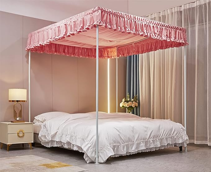 VETHIN Elastic Roof Style Four Corner Post Princess Bed Canopy Curtains Cozy Breathable Tent Canopy Mosquito Net for Girls & Adults Bedroom Decoration (Pink, 59-64" W*82" L*82"*H/(Queen))