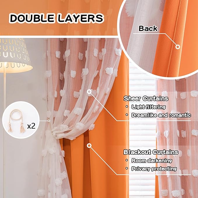 MYSKY HOME Orange Curtains for Bedroom 54 Inch Long Double Layer Curtains for Kids Room Kithen White Pom Pom Sheer Nursery Curtains Grommet Room Darkening Small Window Curtains 2 Panels 52" x 54"