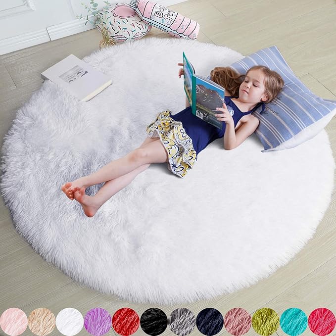 Round Rugs 5Ft White Circle Area Rug, Fluffy Fuzzy Bedroom Carpets for Kids Playroom Home Decor Aesthetic, Plush Soft Shaggy Living Room Rugs for Nursery Dorm Classroom, Modern Cute Shag Furry Carpet