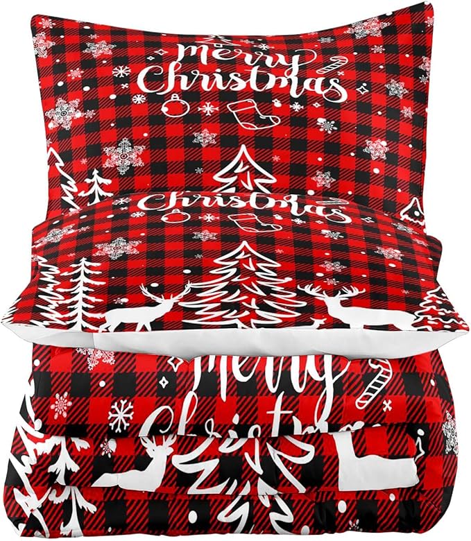 LUVIVIHOME 3PCS Christmas Comforter Set Full Size, Plaid Bedding, Red and Black Buffalo Check Snowflake Forest Deer Merry Christmas Bedroom Decor, Soft Microfiber Quilt, Xmas Gifts, 2 Pillow Cases