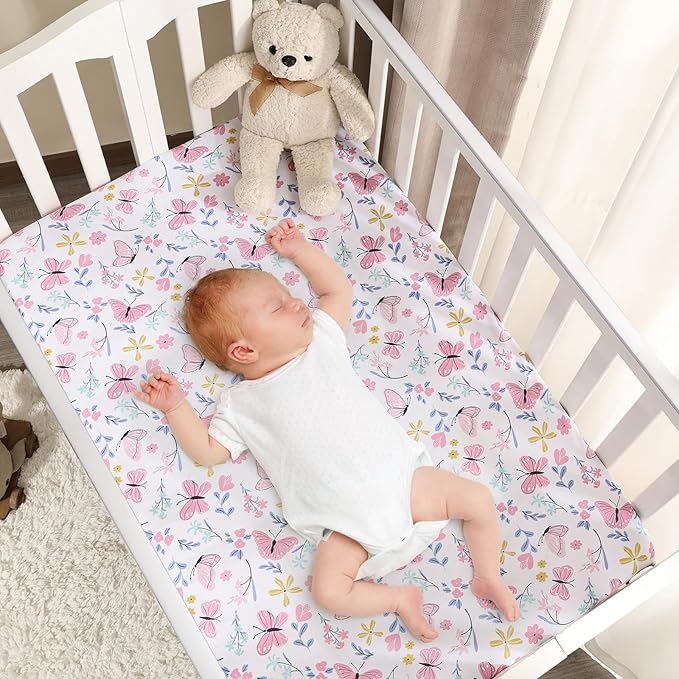 PHF 3 Pack Soft Mini Crib Sheets, Butterfly Pack N Play Sheets for Baby Girls, No Slip Universal Fit for Pack N Play, Playard, Portable and Mini Crib Mattresses, Butterfly