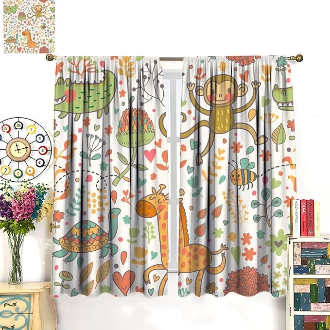 Cute Monkeys Curtains, Zoo Theme Cartoon Funny Animals Crocodile Giraffe Turtle with Flowers Print Thermal Insulation Window Drapes for Kids Boys Girls Baby Bedroom Living Room 63x63in