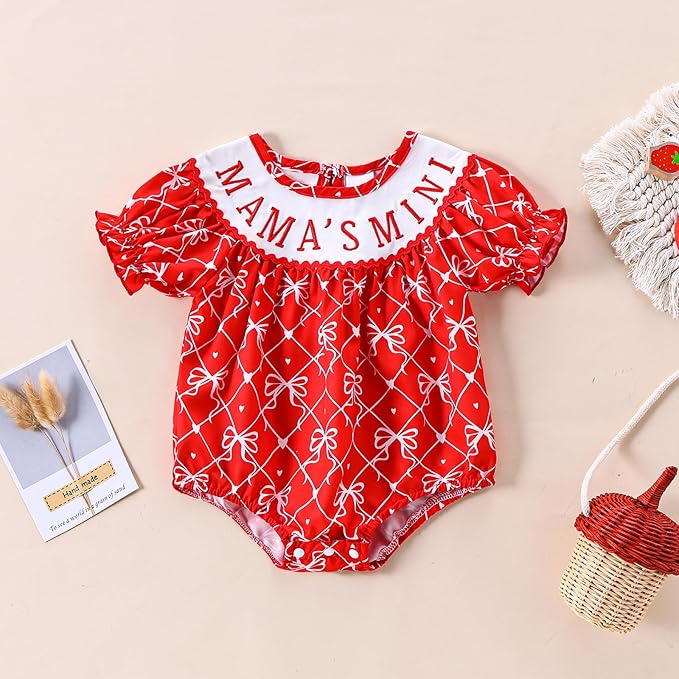 Newborn Baby Girl Romper Mamas Mini Bow Plaid Print Puff Sleeve Smocked Bubble Romper Jumpsuit Bodysuit Clothes