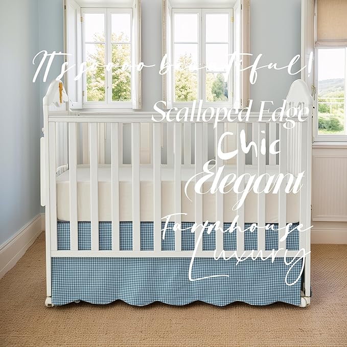 Brandream Scallop Edge Cotton Crib Skirt Toddler Bedskirt Baby Nursery Crib Bed Skirt Boho Bohemian Neutral Solid Color Farmhouse Chic Vintage Blue Gingham Bohemian Nursery Decor Skirt