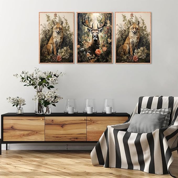 3pcs Vintage Forest Animal Canvas Wall Art Wild Animal Deer Rabbit Fox Paintings Pictures Dark Academia Wall Decor Gothic Botanical Posters Print Artwork for Living Room Office Decor 12x16in Unframed