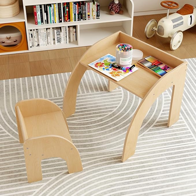 INFANS Kids Table and Chair Set, Wooden Activity Table for Toddlers Arts Crafts Drawing Reading Playing Building Block Drawing, Children Natural Furniture Set for Playroom Nursery
