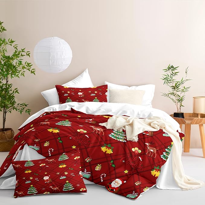 Christmas Duvet Cover Twin Size Red Gingham Christmas Bedding Set Kids Boys Girls Xmas Grid Checked Cartoon Deer Pattern Comforter Cover 2 Pcs with Zipper Closure (No Comforter)