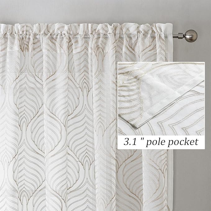 VISIONTEX Sheer Curtains 108 Inches Long 2 Panels Set, Taupe Moroccan Embroidery Texture Geometric Rod Pocket Ivory Voile Tulle Semi Window Treatment Pair for Bedroom, W54 x L108