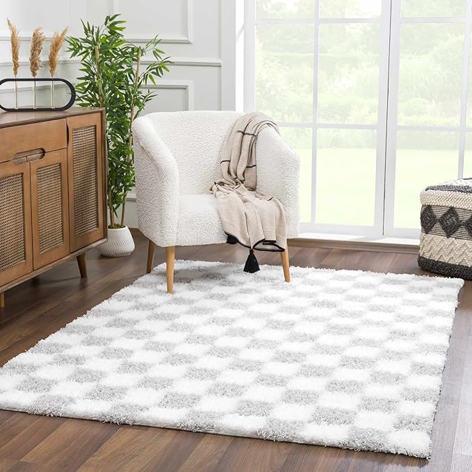 Hauteloom Atira Contemporary Checkered Fluffy Shag Area Rug - Modern Geometric Carpet Tiles for Living Room, Kids Room, Nursery - Plush Pile - Gray, Cream, White - 6'7" x 9'6"