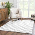 Hauteloom Atira Contemporary Checkered Fluffy Shag Area Rug - Modern Geometric Carpet Tiles for Living Room, Kids Room, Nursery - Plush Pile - Gray, Cream, White - 5'3" x 7'3"