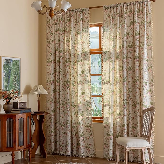 ENJOYBRIDAL Pink Floral Curtains 96 Inch Long Bedroom Semi Sheer Drapes Living Room Farmhouse Boho 2 Panel Sets Window Curtain Panels Dining Room Decor Rod Pocket Tassel Window Treatments