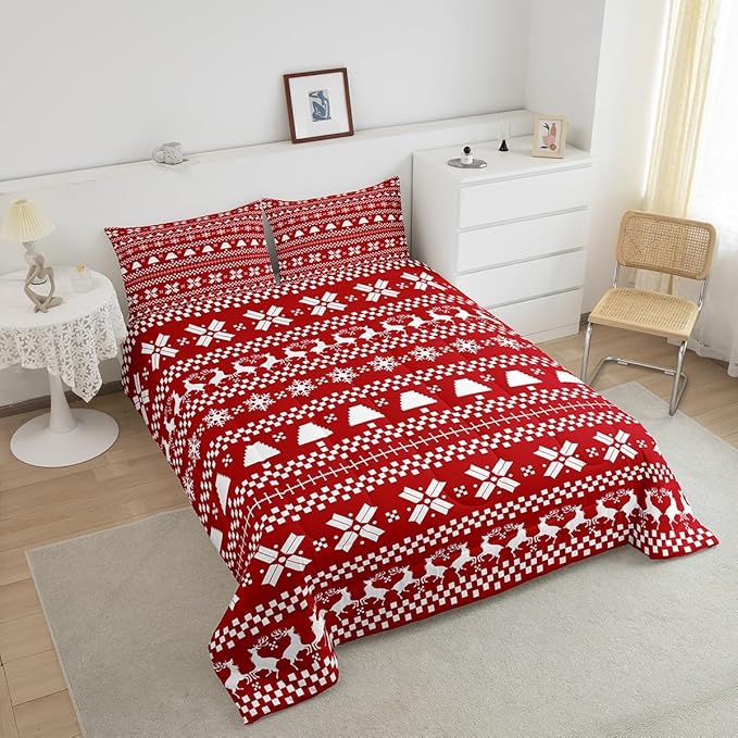 Feelyou Red Christmas Bedding Set for Kids Boys Girls Queen Size Xmas Deer Decor Comforter Set Ultra Soft Xmas Snowflake Comforter Winter Duvet Quilt Bedroom Decor Christmas Decor Quilt
