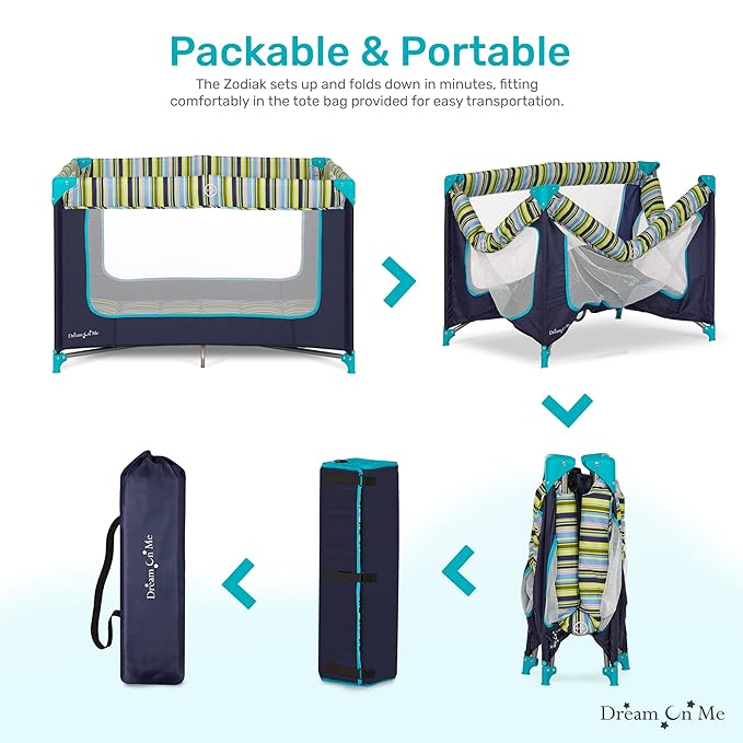 Dream On Me Zodiak Portable Playard in Navy, Lightweight, Packable and Easy Setup Baby Playard, Breathable Mesh Sides and Soft Fabric - Comes with a Removable Padded Mat