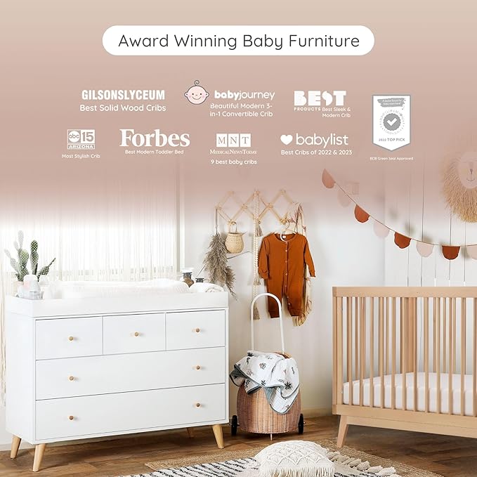 dadada Baby Harmony Set, Nursery Furniture Set. Baby Crib and Dresser Combo. Soho 3 in 1 Convertible Crib and Austin 5 Drawer Nursery Dresser. Natural Beechwood