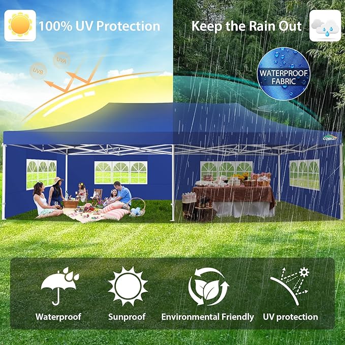 COBIZI 13x26 Pop up Canopy Tent 13x26 Canopy with 6 Sidewalls Waterproof Heavy Duty Commercial Canopy Tent for Parties Outdoor Garden Gazebo, Carry Bag with Wheel(13x26ft, Dark Blue)