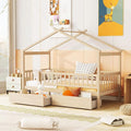 Aoowow Twin Size House Bed with Storage Drawers,Kids Wooden Bed Frame Twin House Bed with Slats and Fence for Boys Girls Teens for Bedroom(Natural)