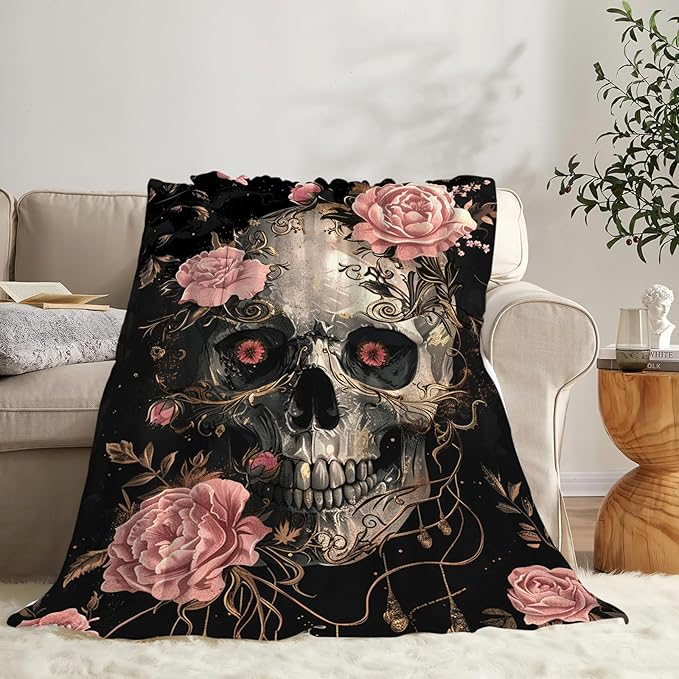 Tijuboni Skull Roses Throw Blanket Skull Gifts for Girls Boys Women Men Kids Adults Soft Flannel Fleece Blanket for Couch Sofa Bed Home Decor 50"x60"