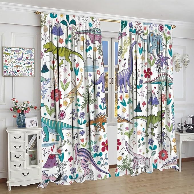 Dinosaur Curtains Cartoon Cool Funny Dino Tropical Plant Leaves Flowers Aesthetics Art Print for Kids Boys Bedroom Living Room Rod Pocket Decoration Window Drapes 2 Panels W21xL54in