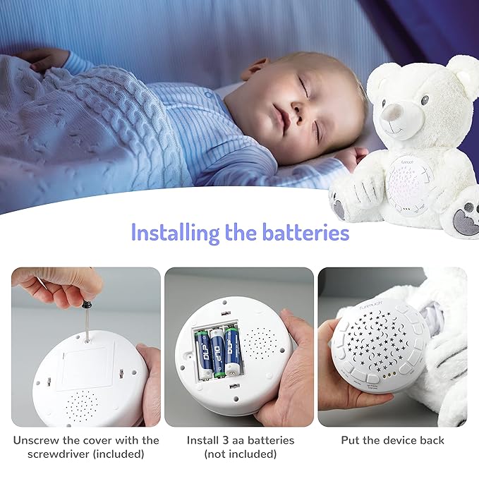 BELLOCHIDDO Baby Sleep Soother, Mom's Heartbeat Lullabies Soothing Sounds White Noise Machine, Auto-Off Timer Night Light Projector, Unique Gifts for Babies, Stuffed Animal Toys (Polar Bear)