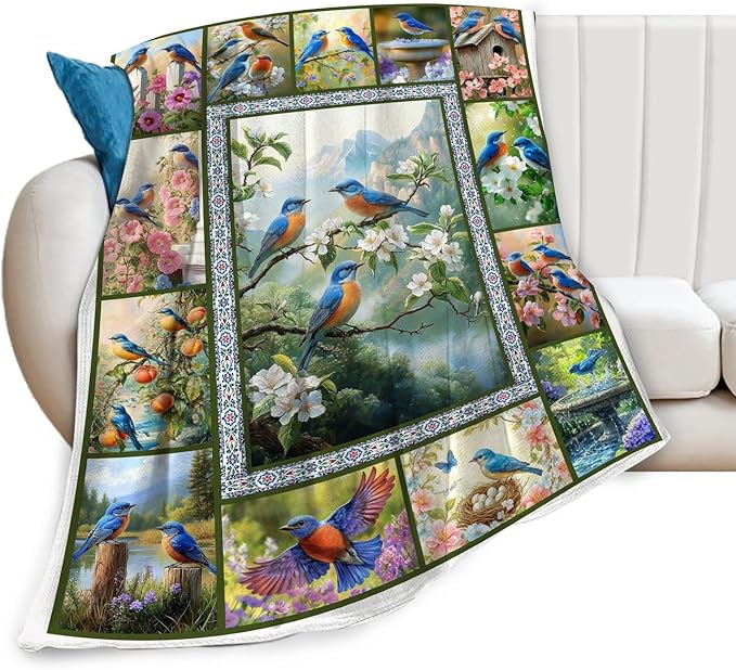 Blue Hummingbirds Blanket Moutain Flowers Bird Throw Blankets Gifts for Girls Boys Women Cozy Warm Soft Fuzzy Flannel Throw Plush Stuffed Animal Fleece Gifts for Kids Men Women for Sofa Bed 60" x80"
