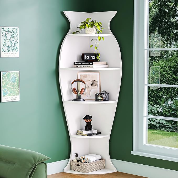 Small Corner Shelf, 5-Tier Vase-Shaped Bookcase Organizer for Living Room Decor, Bedroom, and Office, Modern Freestanding Corner Bookshelf for Storage and Display, Vases Home Decor Accent