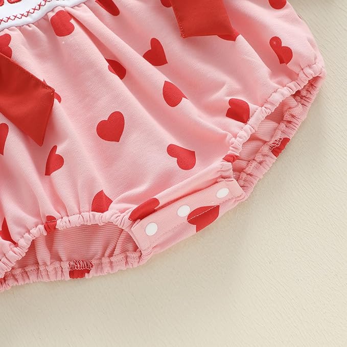 Amiblvowa Baby Girl Valentines Day Outfit Embroidery Love Heart Smocked Bubble Romper Bodysuit Cute Infant Newborn Clothes