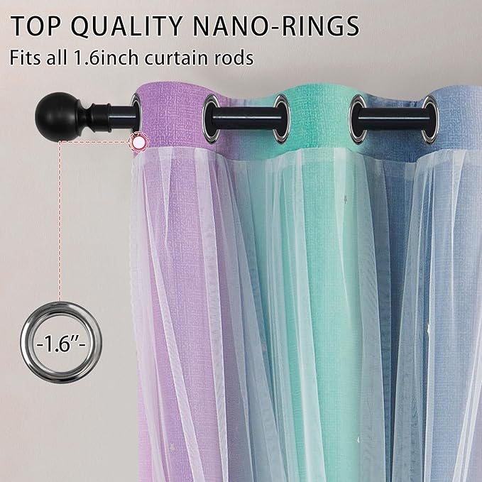 XiDi Purple Grey Green Curtains for Girls Bedroom 2 Panels Set, Rainbow Blackout Curtains for Kids Room Decor, Unicorn Wall Decals Grommet Drapes for Nursery Room 63 Inches Long 34 Inches Wide