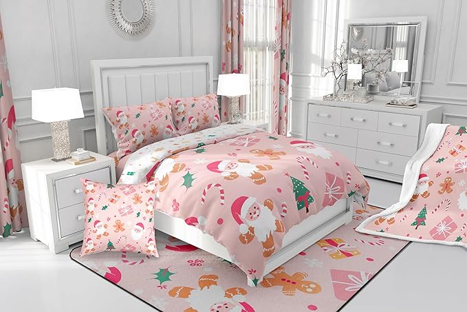 Feelyou Merry Christmas Bedding Set Cookies Candy Duvet Cover Set for Kids Boys Girls PinkChristmas Comforter Cover Quilt Cover Bedroom Collection 3Pcs Queen Size,No Comforter