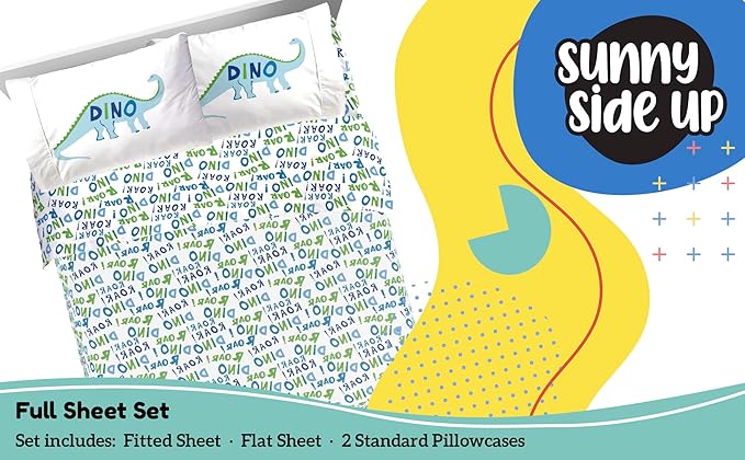 Sunny Side Up Dino Roar Full Sheet Set - 4 Piece Kids Bedding Set Includes Pillow Cover - Super Soft Dinosaur Microfiber Sheets