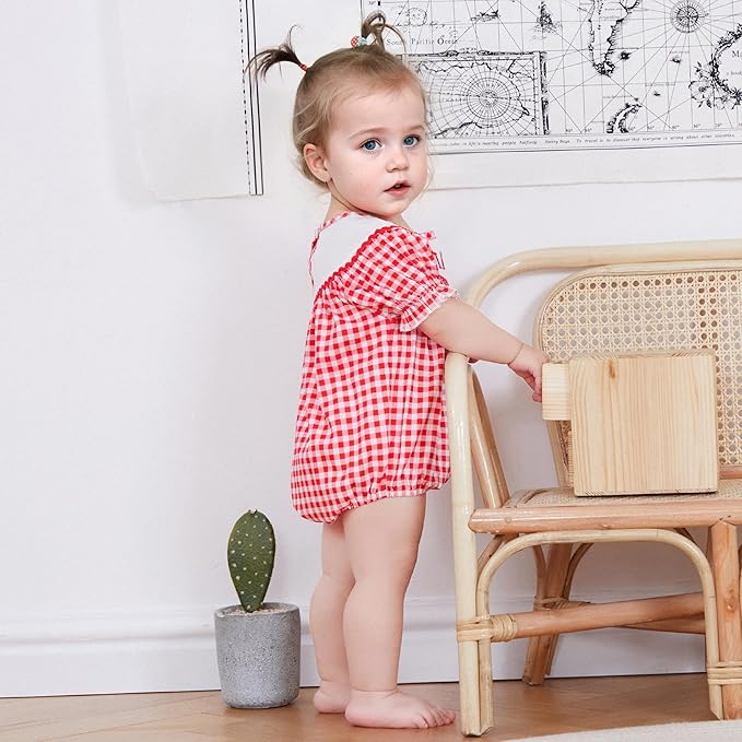 Newborn Baby Girl Romper Mamas Mini Bow Plaid Print Puff Sleeve Smocked Bubble Romper Jumpsuit Bodysuit Clothes