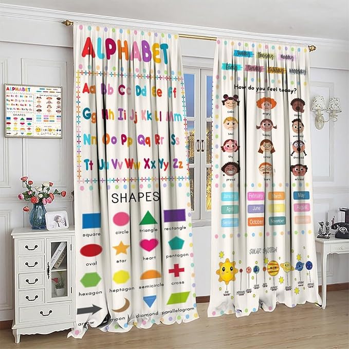 Kids Educational Alphabet Cartoon Curtain Solar System Shapes Cute Knowledge Printed Rod Pocket Blackout Window Drapes for Todders Nursery Baby Bedroom Living Room 52" W X 84" L