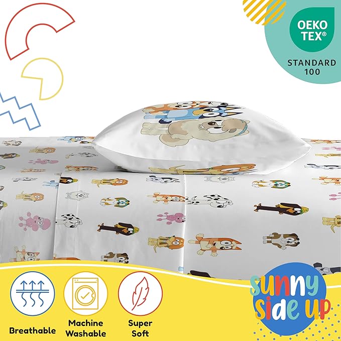 Sunny Side Up Bluey & Friends Twin Sheet Set - 3 Piece Kids Bedding Set Includes Pillow Cover - Super Soft Microfiber Sheets