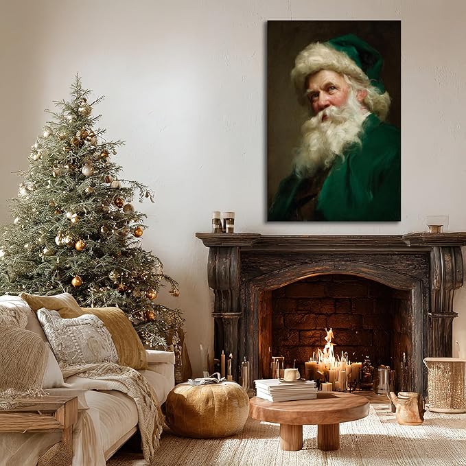 YONICA Christmas Canvas Wall Art Green Santa 12x16 Inch Historical Christmas Figure Art - Large Framed Gallery Wrapped Collectors Edition