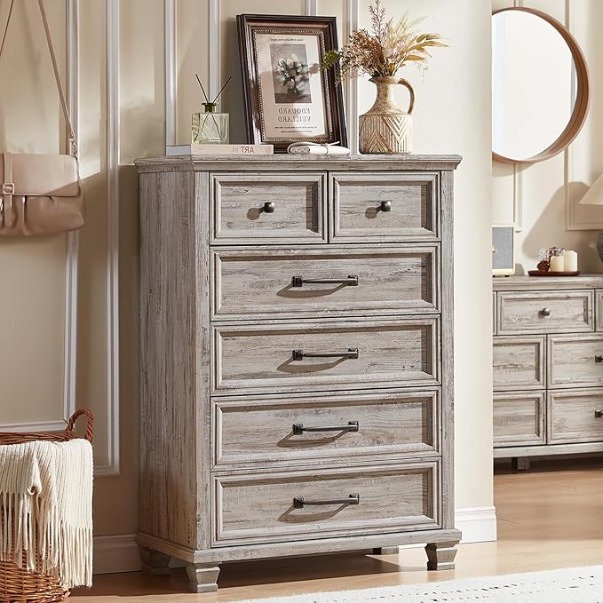 Farmhouse Bedroom Dresser and Nightstand Set of 4, 6 Drawer Tall & Low Dresser & 3 Drawer Nightstand Set with Wooden Legs, Rustic Wood Furniture Sets for Bedroom, Hallway, Grey