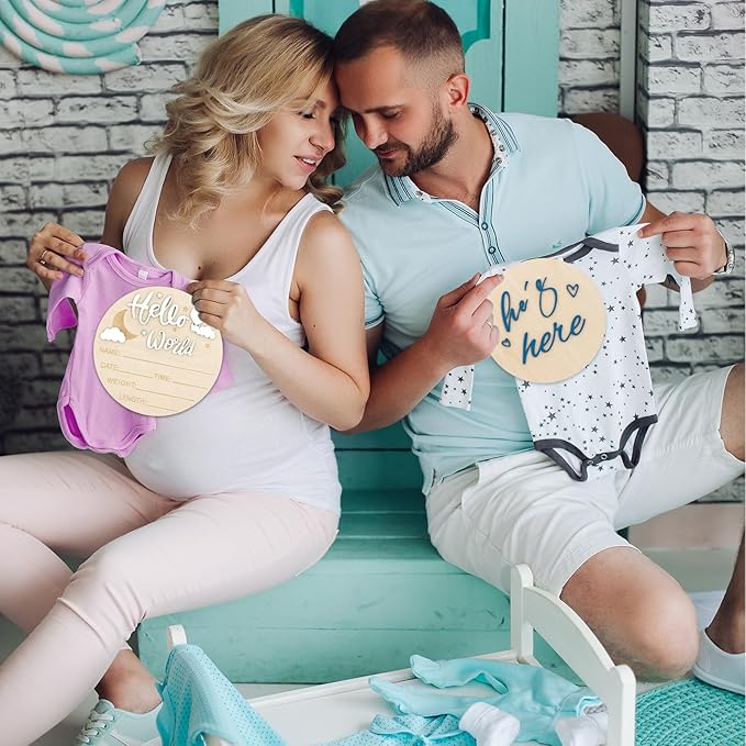 2PCS Hello World Newborn Sign and he's here, Gender Reveal Welcome baby Announcement Sign Board Wooden Birth Name Announcement Plaque and Pen for Baby Shower Photo Props Hospital Nursery