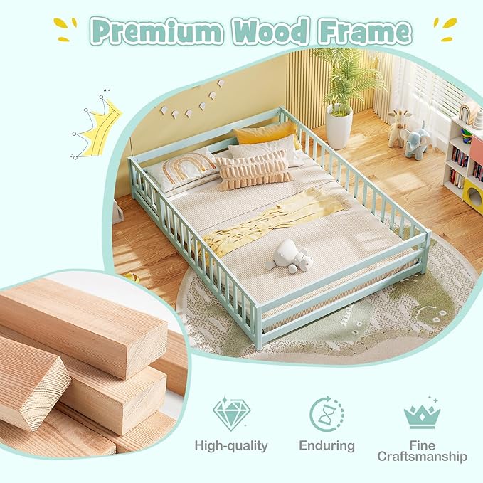 KOMFOTT Full Size Wood Floor Bed with Door & Fence, Montessori Bed Frame with Full Length Safety Guardrails, Door & Latch, Wooden Montessori Floor Bed for Kids, Girls, Boys (Full,Light Green)