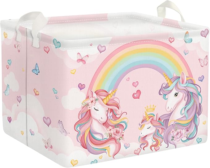 Clastyle 36L Pink Unicorn Rainbow Girls Storage Basket Collapsible Rectangle Clothes ToyBook Shelf Basket for Kid Room Nursery