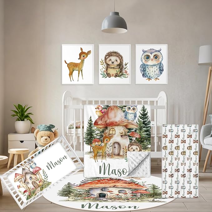 Personalized Baby Crib Bedding Set, 5 Pcs Custom Name Nursery Bedding Set, Mushroom Red