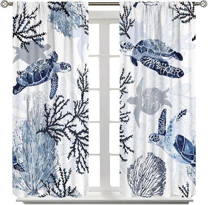 Coastal Nautical Curtains, Turtle Beach Sea Seashell Theme Pattern Blackout Print Home Bedroom Living Room Window Treatmen 2 Panel Set 55x63 Inch